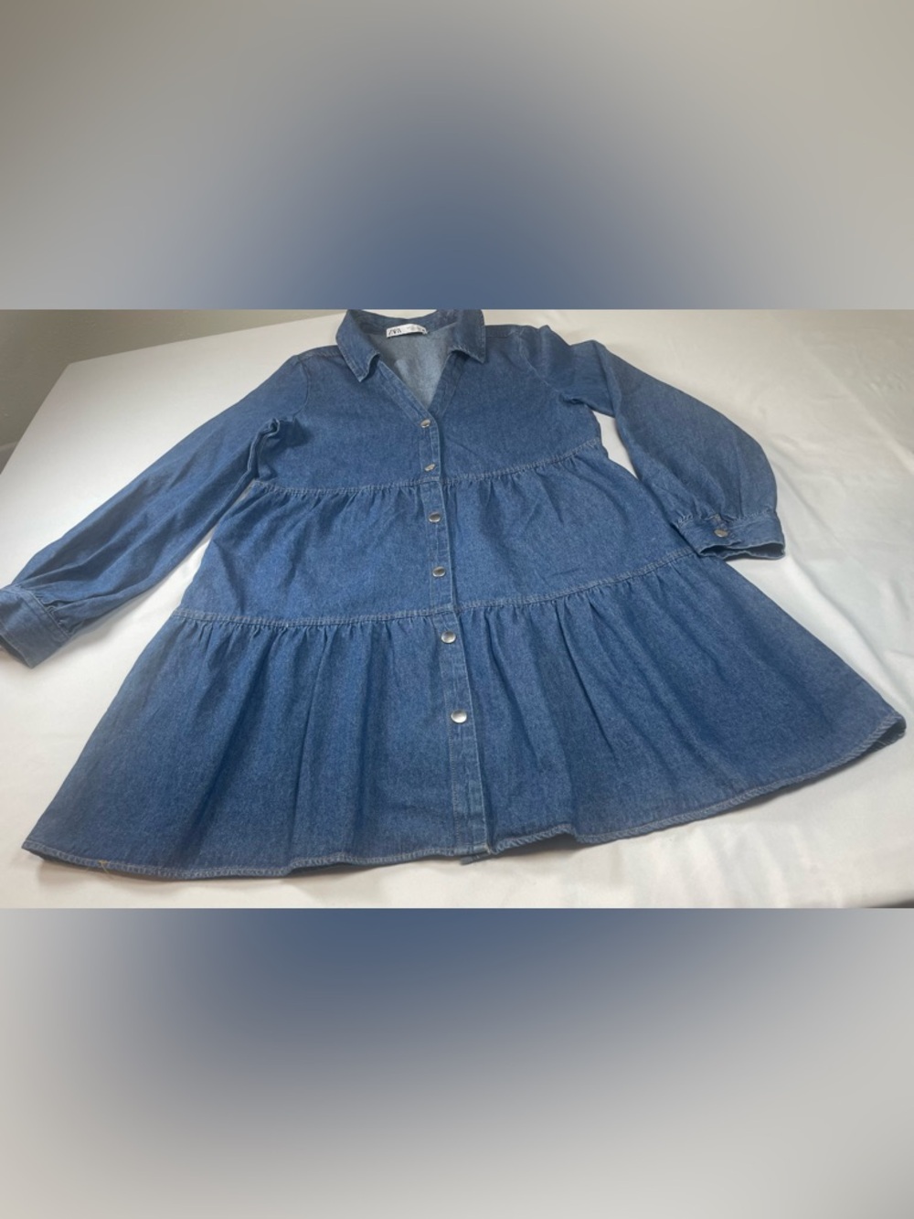 Zara Blue Denim Button-Down Tiered Mini Dress - Picture 2 of 10